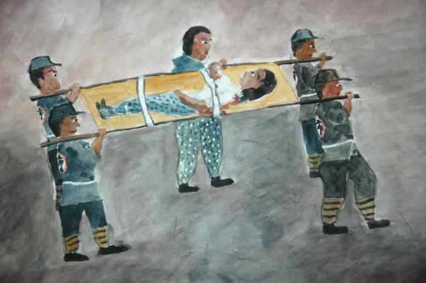 People carrying a girl on a stretcher. Painting by Emiko Toki & Syouichi Fukahori / Courtesy of Nagasaki Prefecture radiation victim's pocketbook club